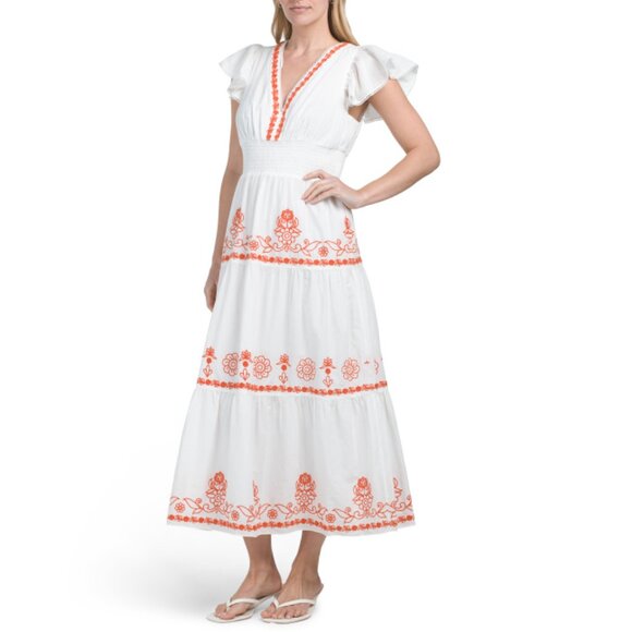 ADRIANNA PAPELL ivory/red Short Sleeve Embroidered Tiered Midi Dress - Picture 1 of 2